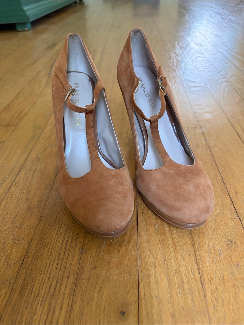 Franco Sarto T-Strap Suede Pumps in Cognac Brown